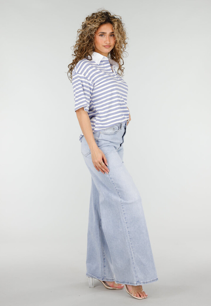 Wit Blauwe Gestreepte Polo Top met Kraag en Korte Mouwen