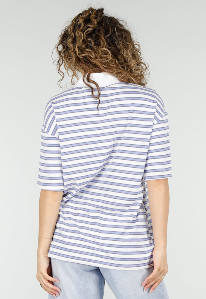 Wit Blauwe Gestreepte Polo Top met Kraag en Korte Mouwen