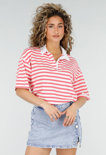 Roze Gestreepte Polo T-shirt met Kraag
