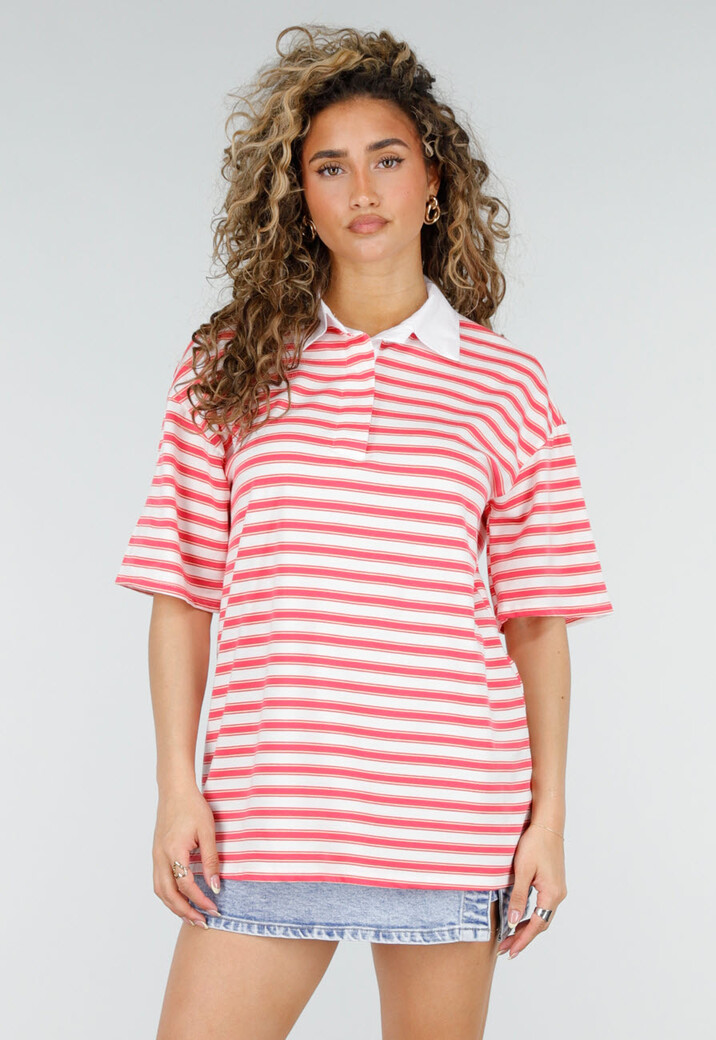 Roze Gestreepte Polo T-shirt met Kraag en Korte Mouwen