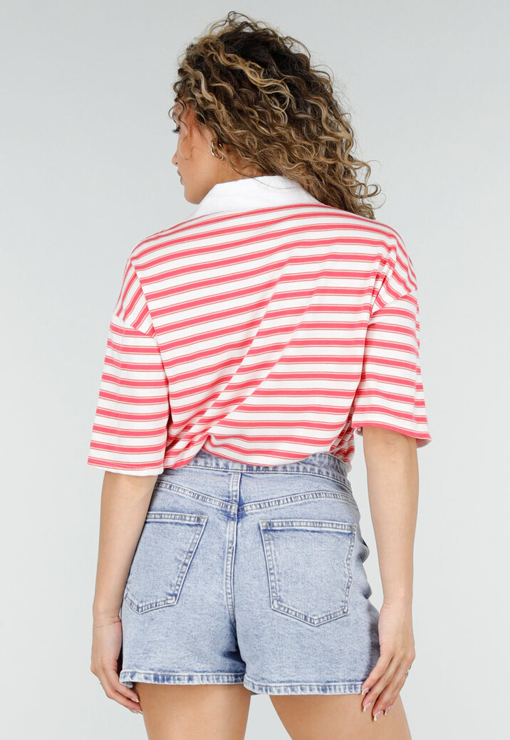 Roze Gestreepte Polo T-shirt met Kraag en Korte Mouwen