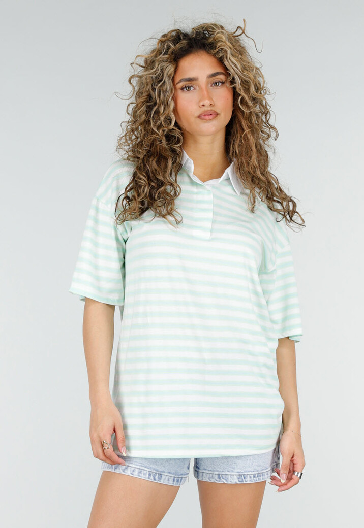 Mintgroene Gestreepte Polo T-shirt met Kraag en Korte Mouwen