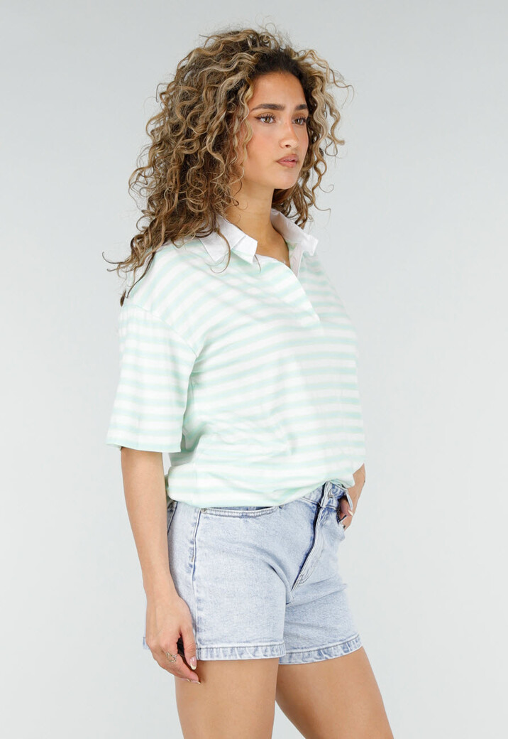 Mintgroene Gestreepte Polo T-shirt met Kraag en Korte Mouwen