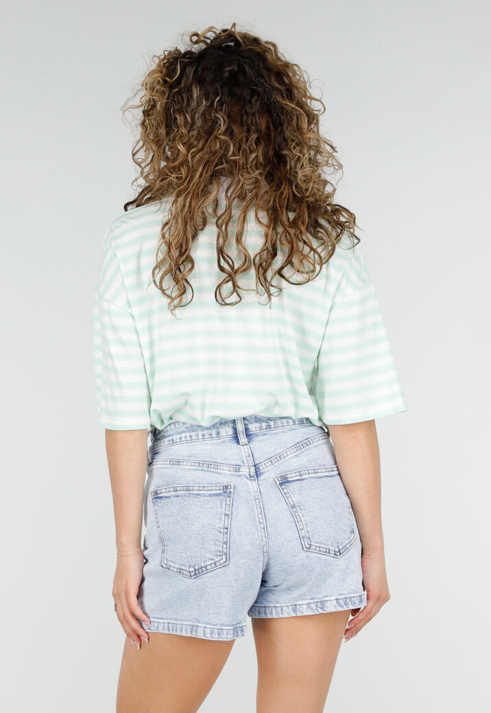 Mintgroene Gestreepte Polo T-shirt met Kraag en Korte Mouwen