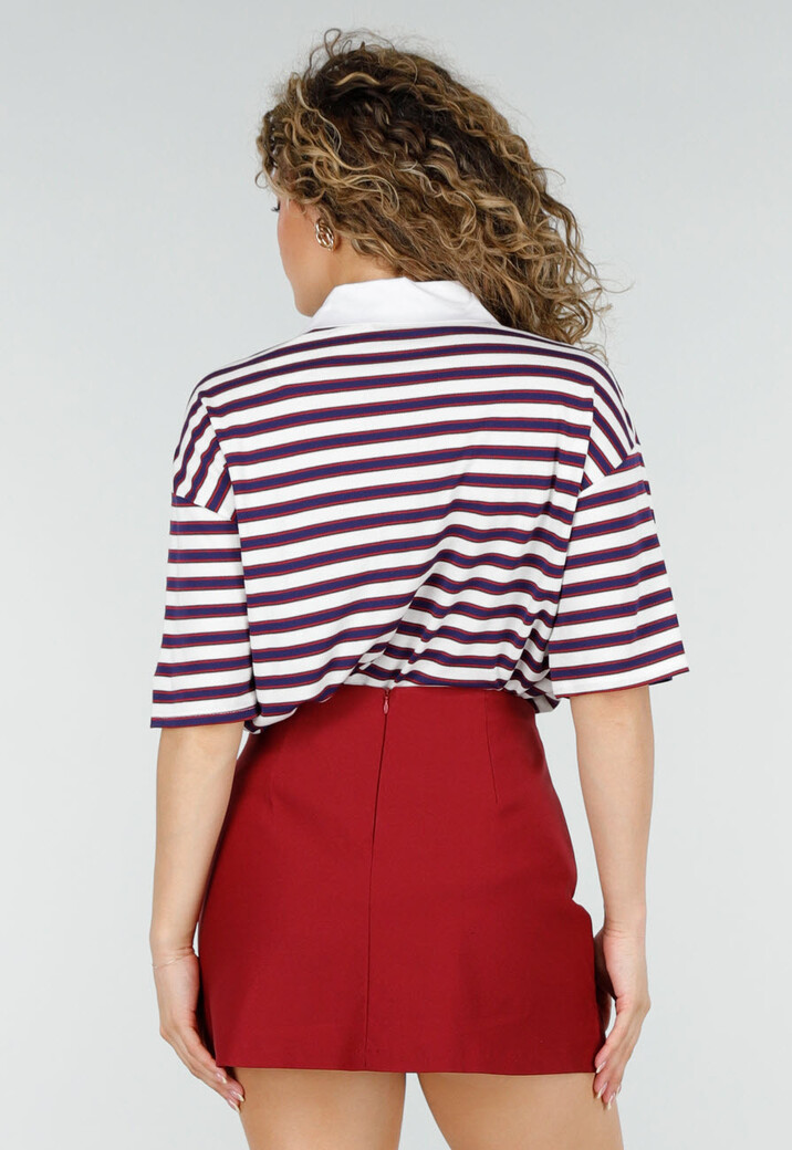 Donkerblauw Rode Gestreepte Polo Top met Kraag en Korte Mouwen