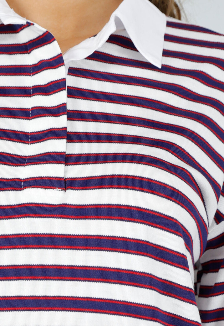 Donkerblauw Rode Gestreepte Polo Top met Kraag en Korte Mouwen