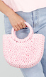 Roze Raffia Handtas met Rond Handvat en Schouderband