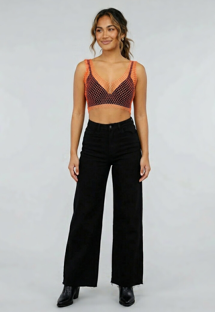 Oranje Fishnet Topje met Strass
