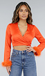 Oranje Satin Crop Top met Veertjes