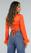 Oranje Satin Crop Top met Veertjes