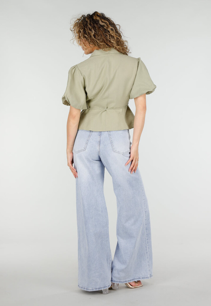 Olijfgroene Wikkelblazer met Korte Mouwen en Striksluiting