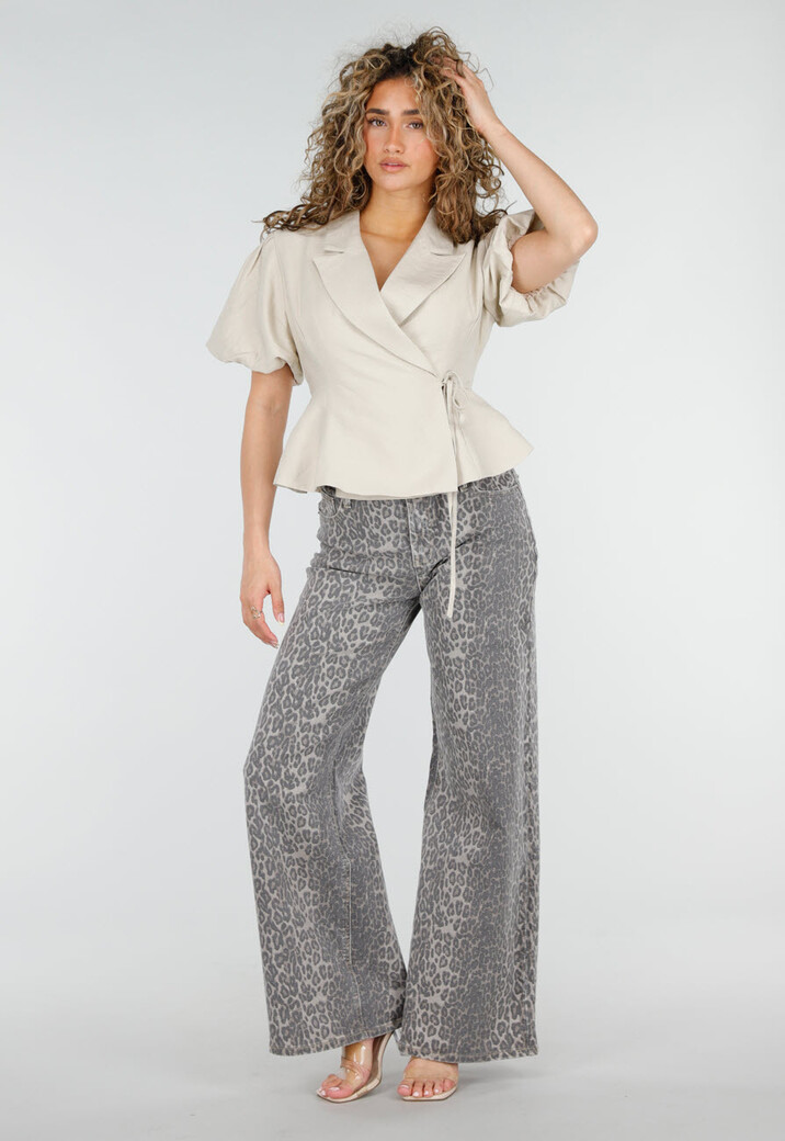 Beige Wikkelblazer met Korte Mouwen en Striksluiting