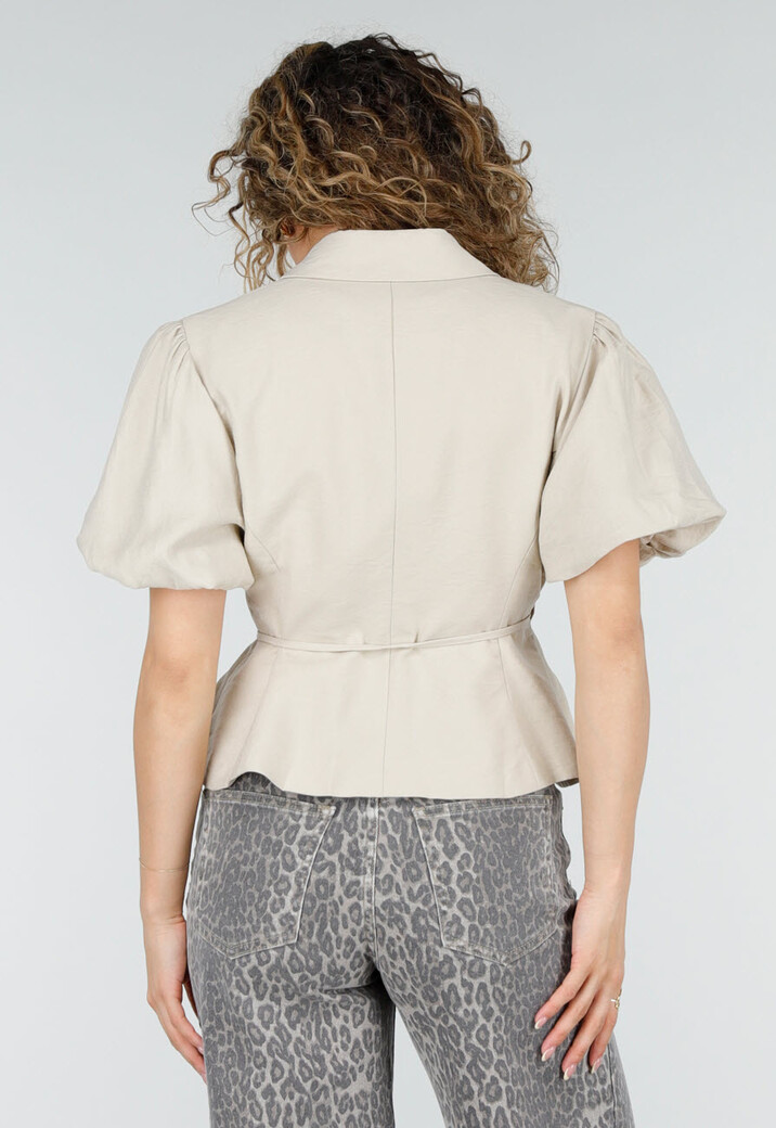 Beige Wikkelblazer met Korte Mouwen en Striksluiting