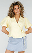 Lichtgele Blazer Top met Overslag, Striksluiting en Korte Pofmouwen