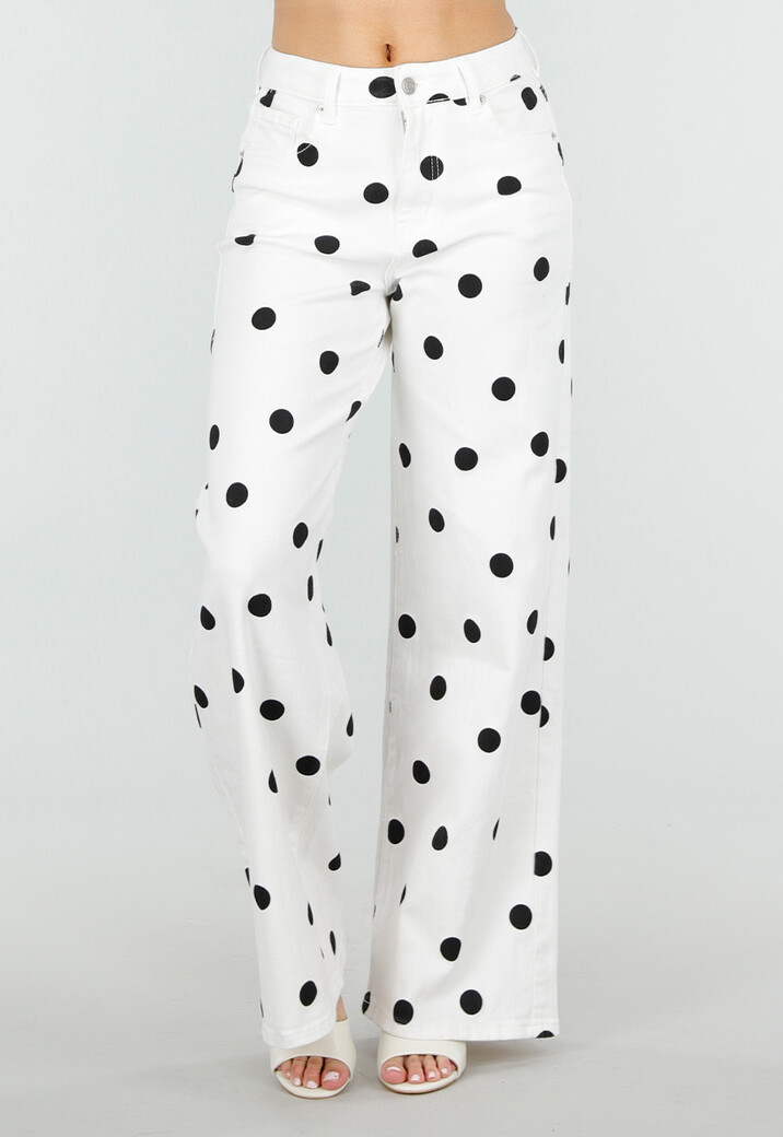Witte Denim Wide Leg Jeans met Zwarte Stippen Print