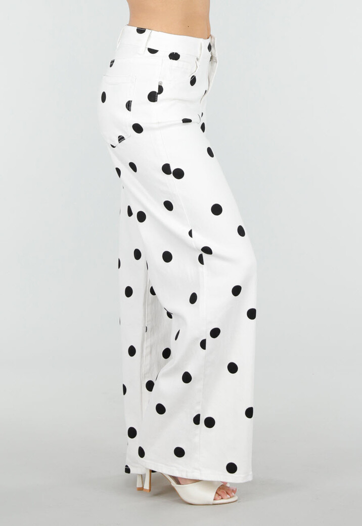 Witte Denim Wide Leg Jeans met Zwarte Stippen Print