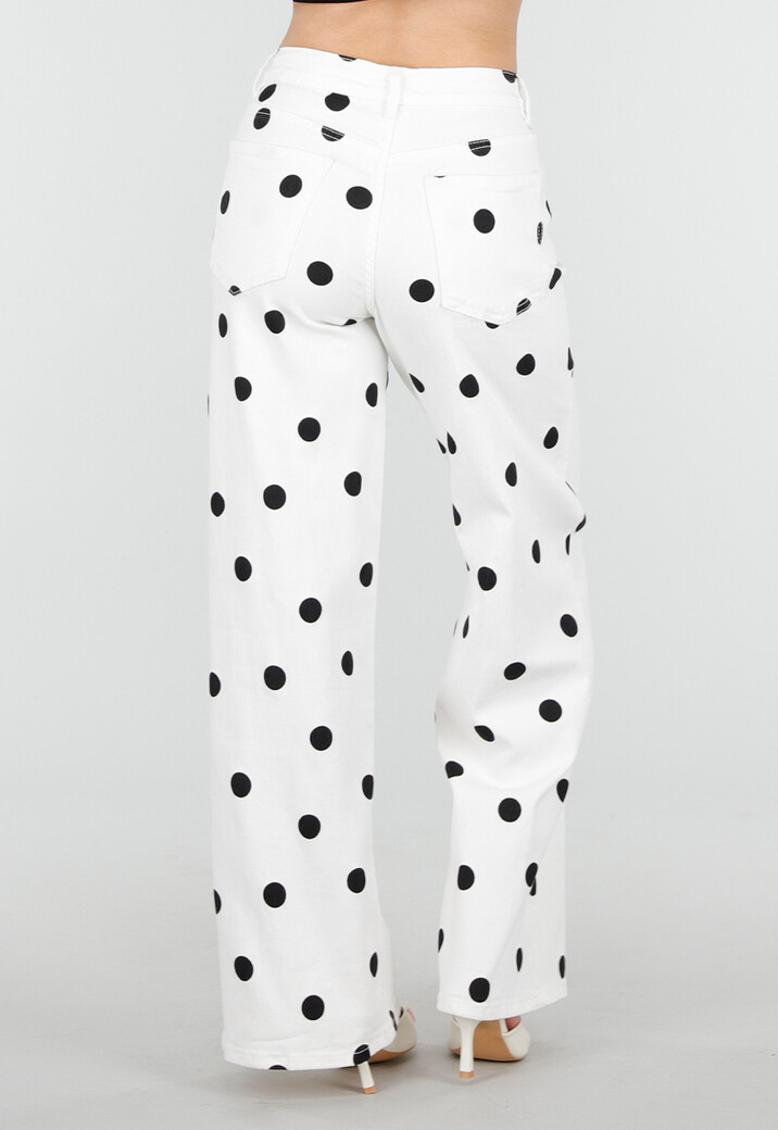 Witte Denim Wide Leg Jeans met Zwarte Stippen Print