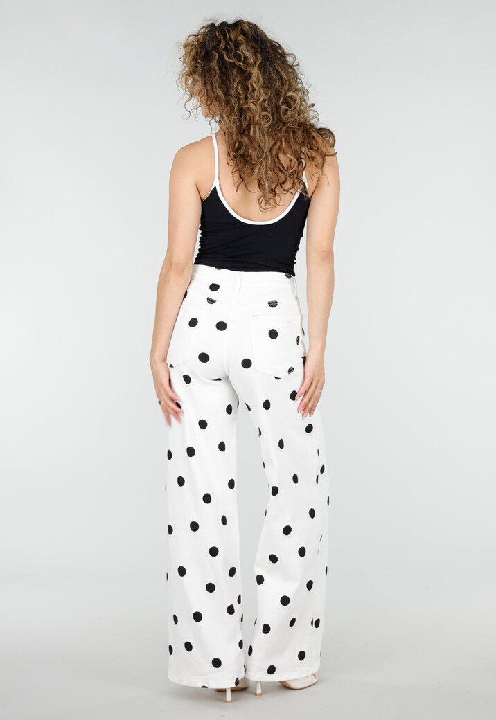 Witte Denim Wide Leg Jeans met Zwarte Stippen Print