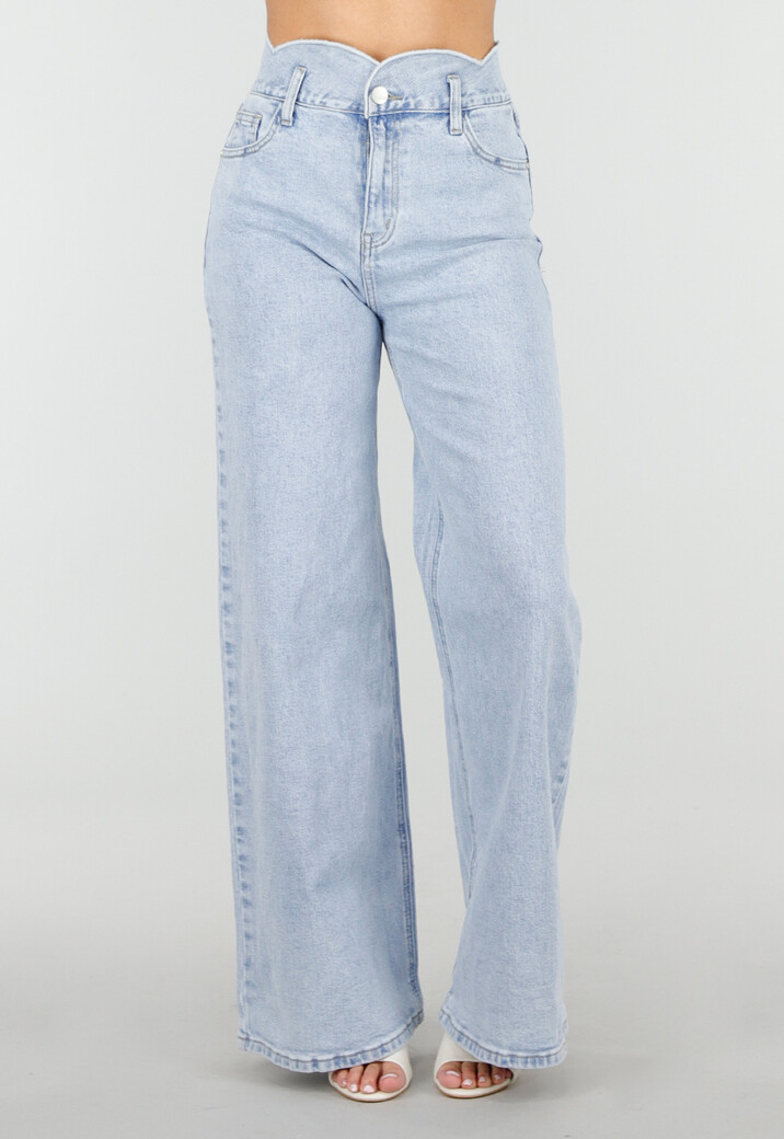 Lichtblauwe Denim Wide Leg Jeans met Hoge Taille