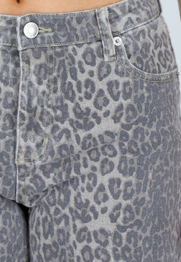 Grijze Denim Leopard Print Wide Leg Jeans met Stretch