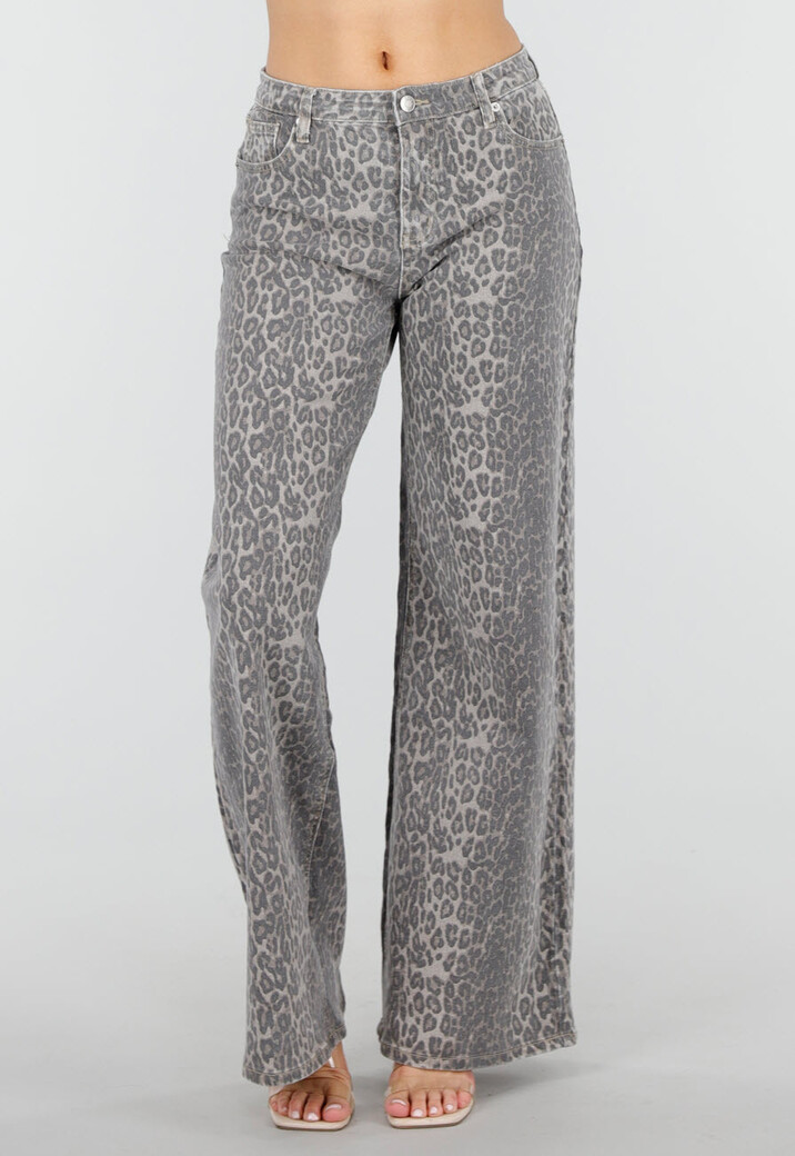Grijze Denim Leopard Print Wide Leg Jeans met Stretch
