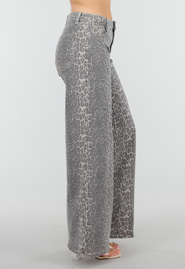 Grijze Denim Leopard Print Wide Leg Jeans met Stretch