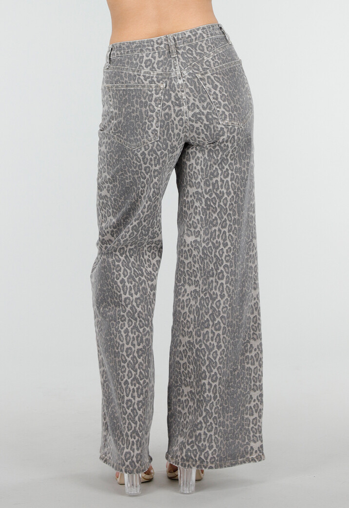 Grijze Denim Leopard Print Wide Leg Jeans met Stretch