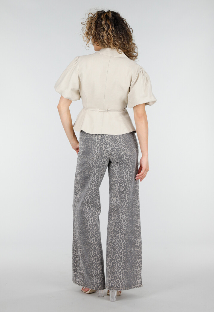 Grijze Denim Leopard Print Wide Leg Jeans met Stretch