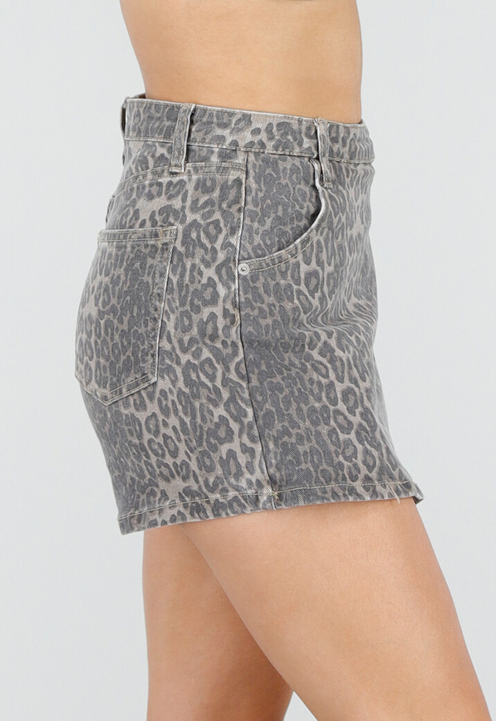 Beige Denim Luipaard Print Skort met Overslag en Stretch