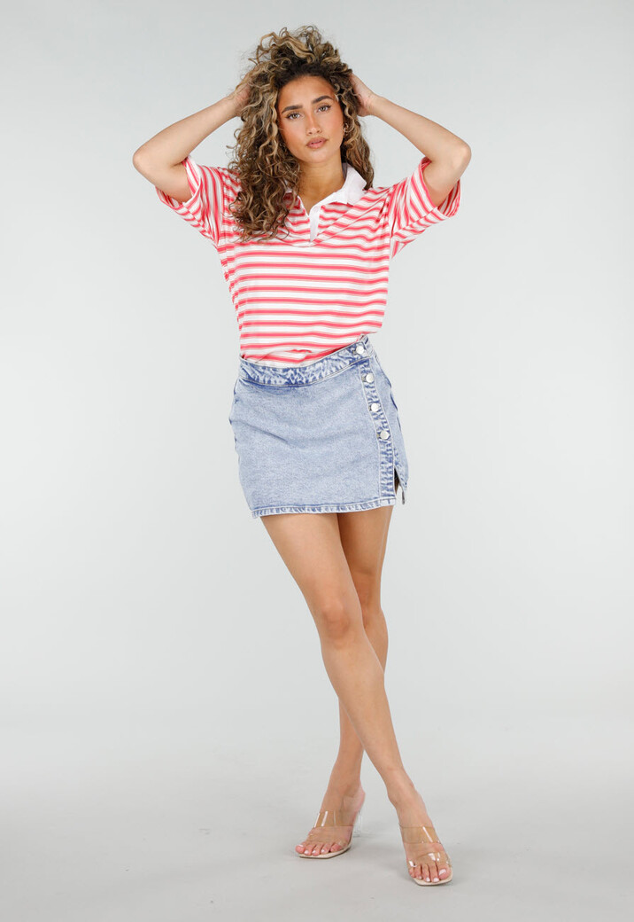 Lichtblauwe Denim Mini Skort met Overslag en Rij Knopen