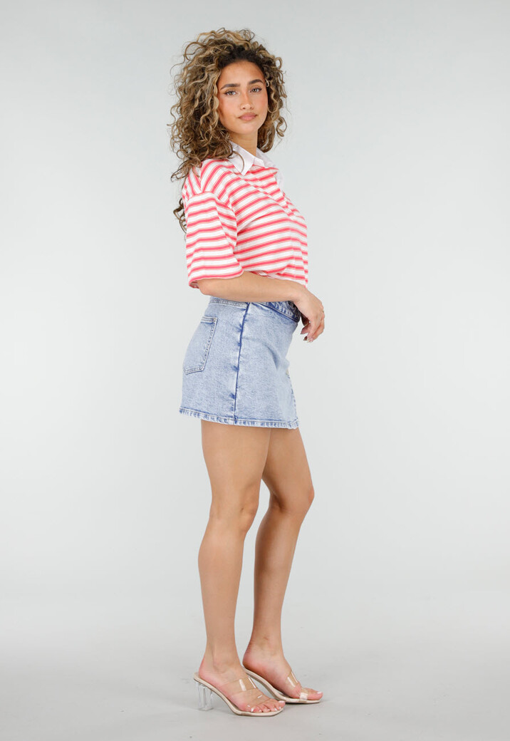 Lichtblauwe Denim Mini Skort met Overslag en Rij Knopen