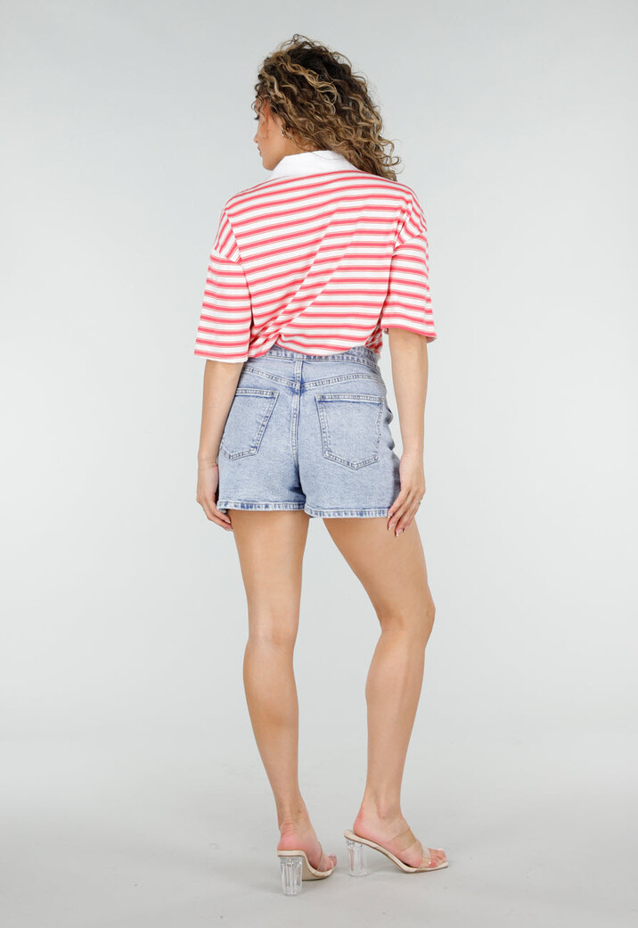 Lichtblauwe Denim Mini Skort met Overslag en Rij Knopen