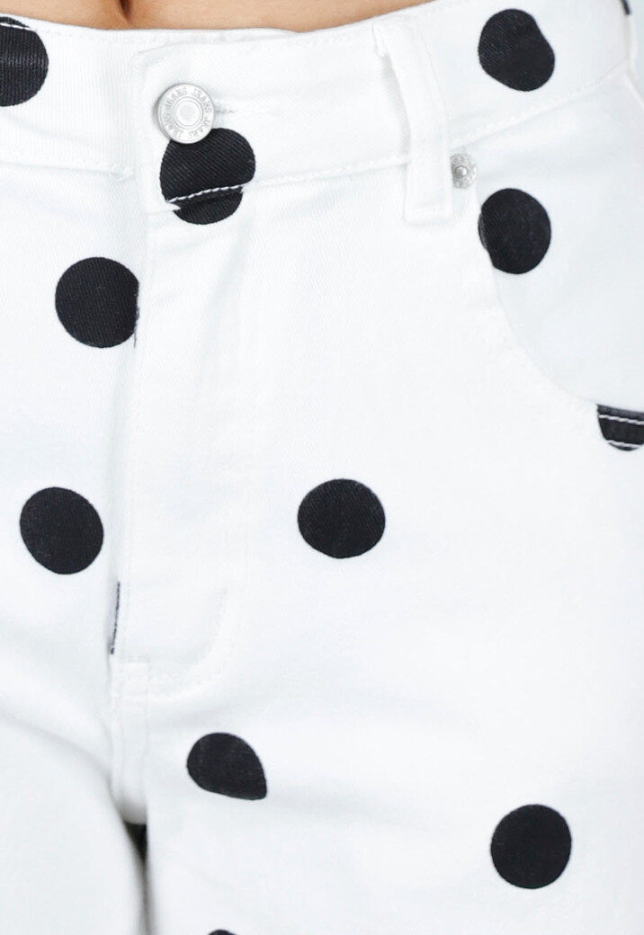 Witte Barrel Jeans met Zwarte Stippen en Hoge Taille