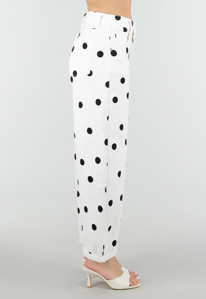 Witte Barrel Jeans met Zwarte Stippen en Hoge Taille