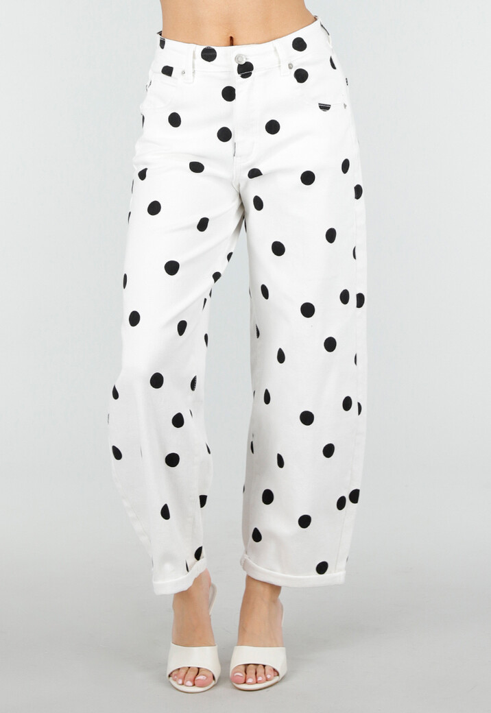 Witte Barrel Jeans met Zwarte Stippen en Hoge Taille