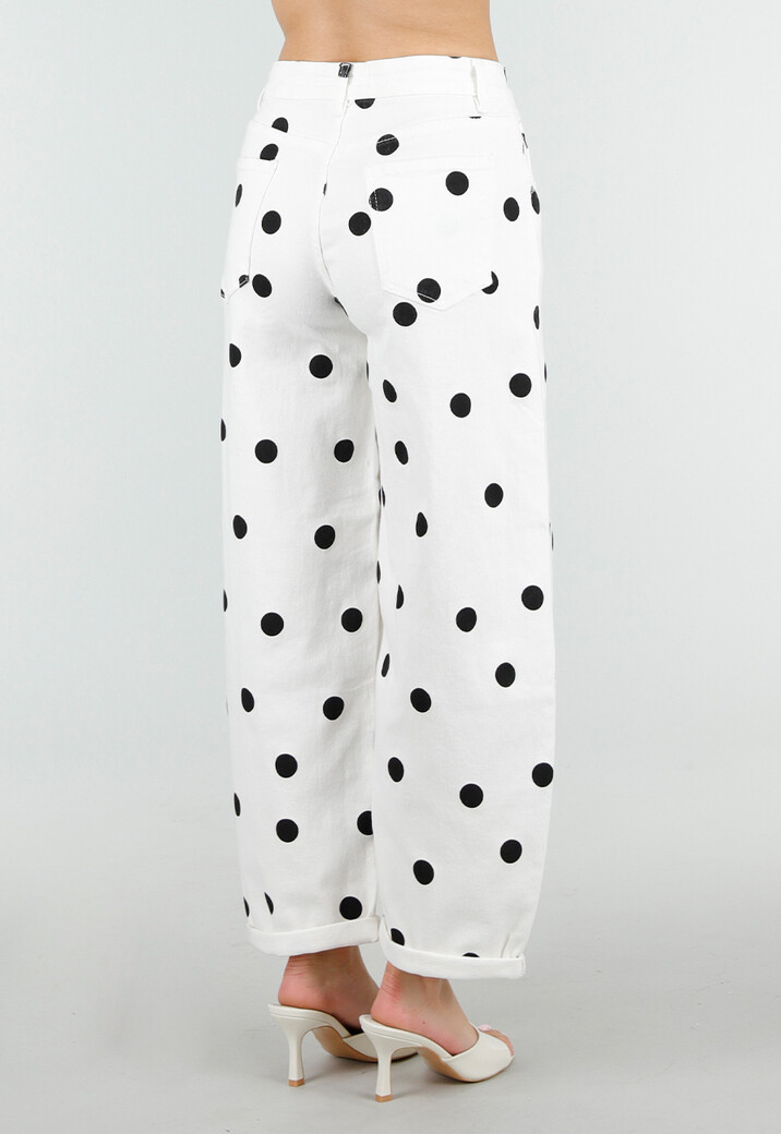 Witte Barrel Jeans met Zwarte Stippen en Hoge Taille