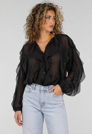 Zwarte Chiffon Blouse met Ruffles