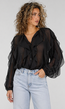 Zwarte Chiffon Blouse met Ruffle Details en Lange Mouwen