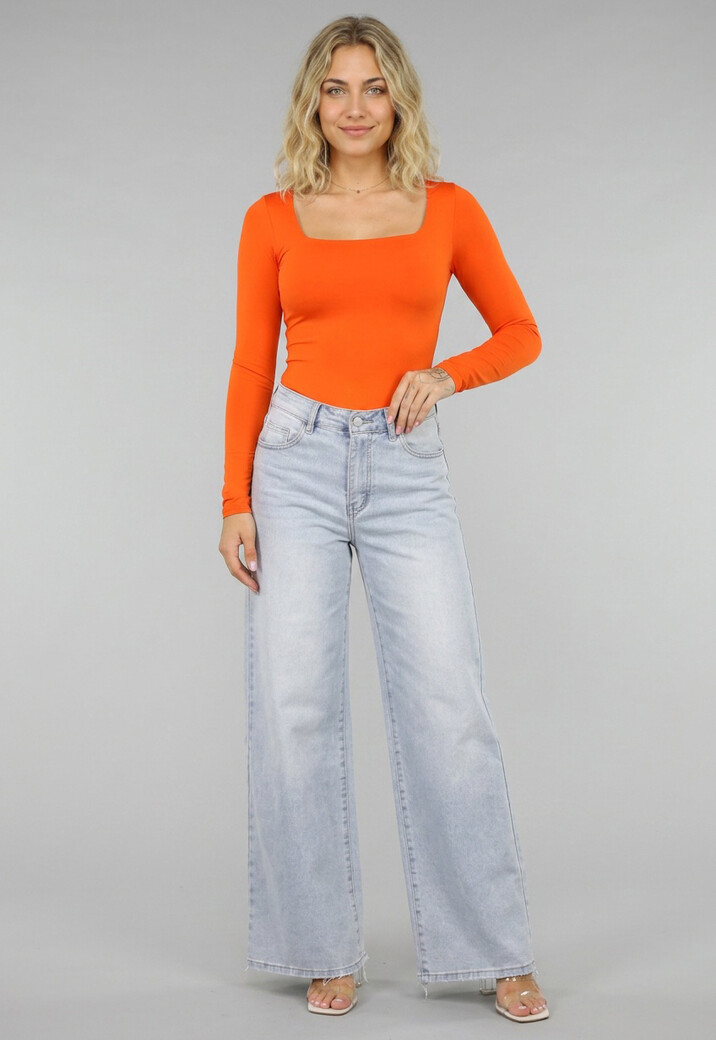 Oranje Longsleeve Top met Vierkante Hals
