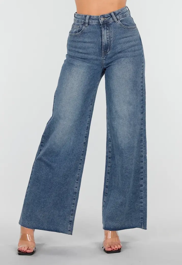 Blauwe High Waist Wide Leg Stretch Jeans met Wassing