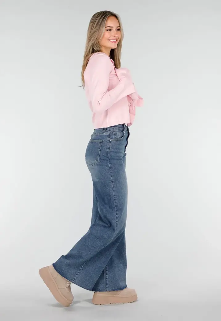 Blauwe High Waist Wide Leg Stretch Jeans met Wassing