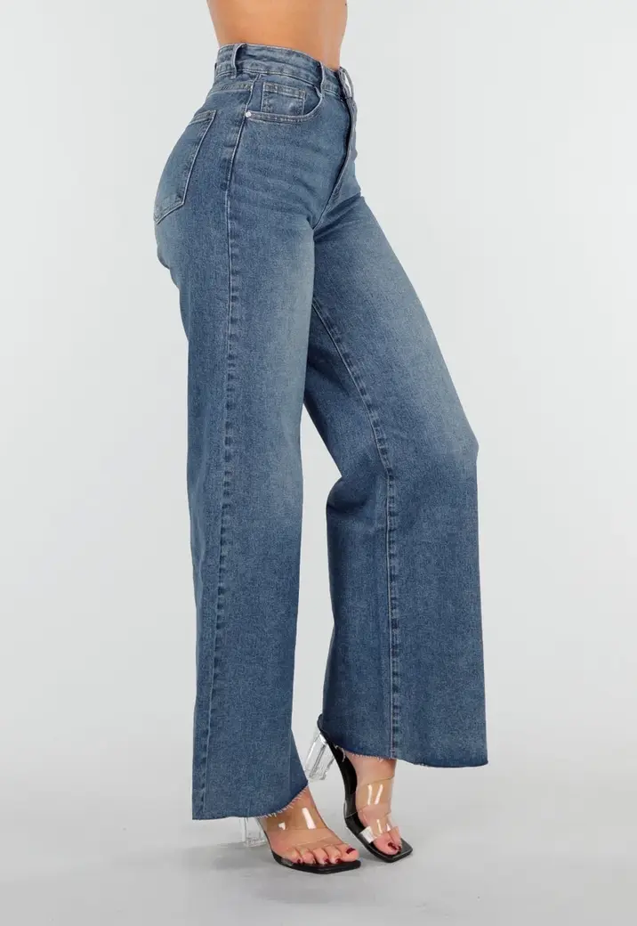 Blauwe High Waist Wide Leg Stretch Jeans met Wassing