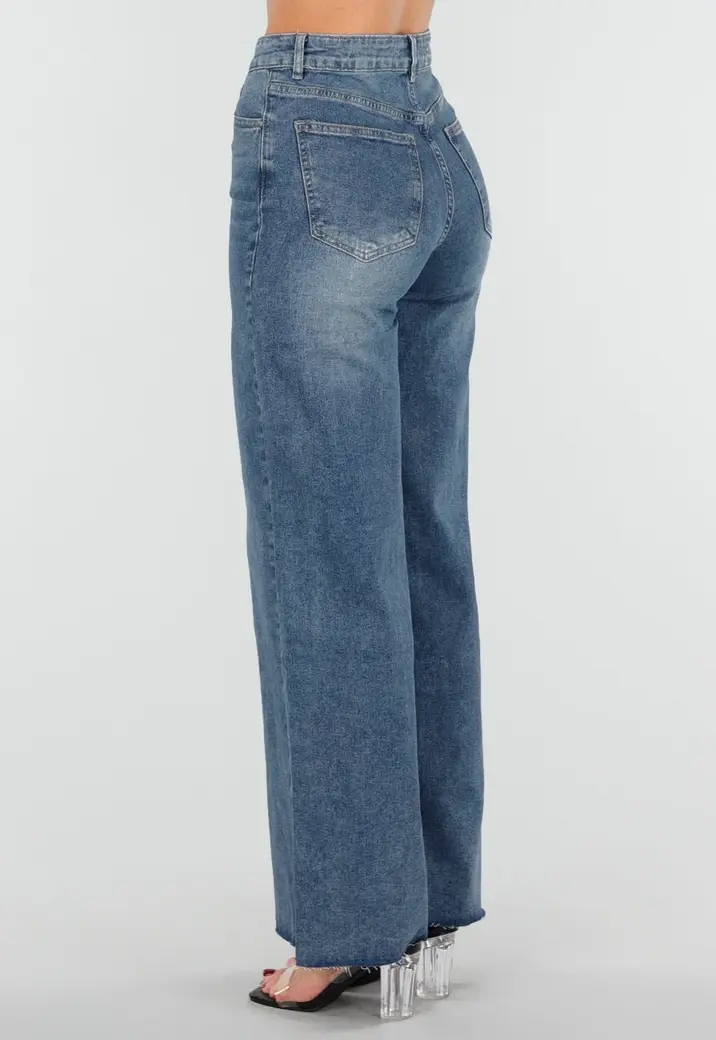 Blauwe High Waist Wide Leg Stretch Jeans met Wassing