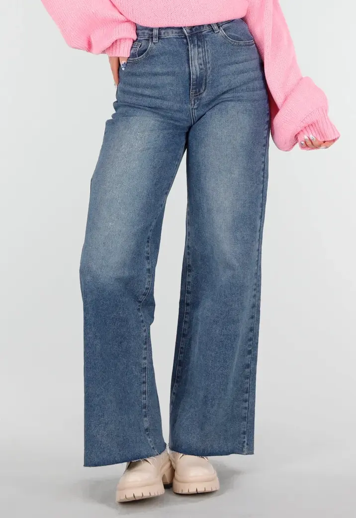 Blauwe High Waist Wide Leg Stretch Jeans met Wassing
