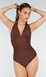 Bruine Halter Badpak met Ribstructuur en Diepe V-Hals