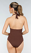Bruine Halter Badpak met Ribstructuur en Diepe V-Hals