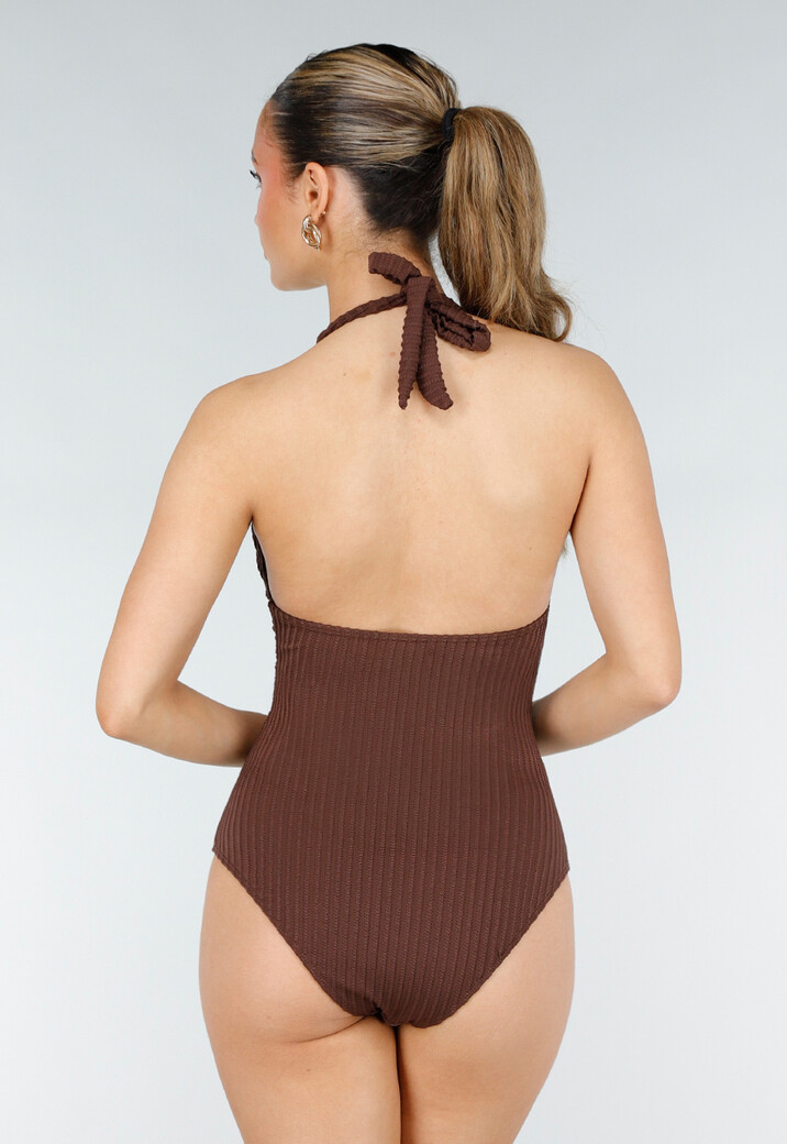 Bruine Halter Badpak met Ribstructuur en Diepe V-Hals