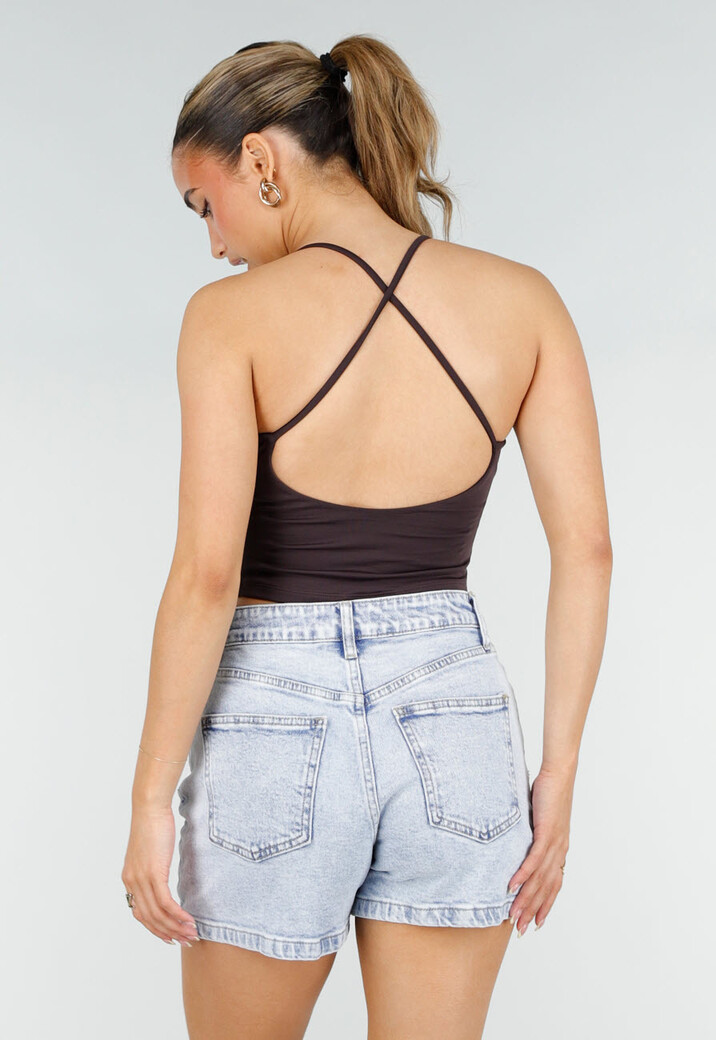 Aubergine Sport Crop Top met Kruisbandjes en Pads