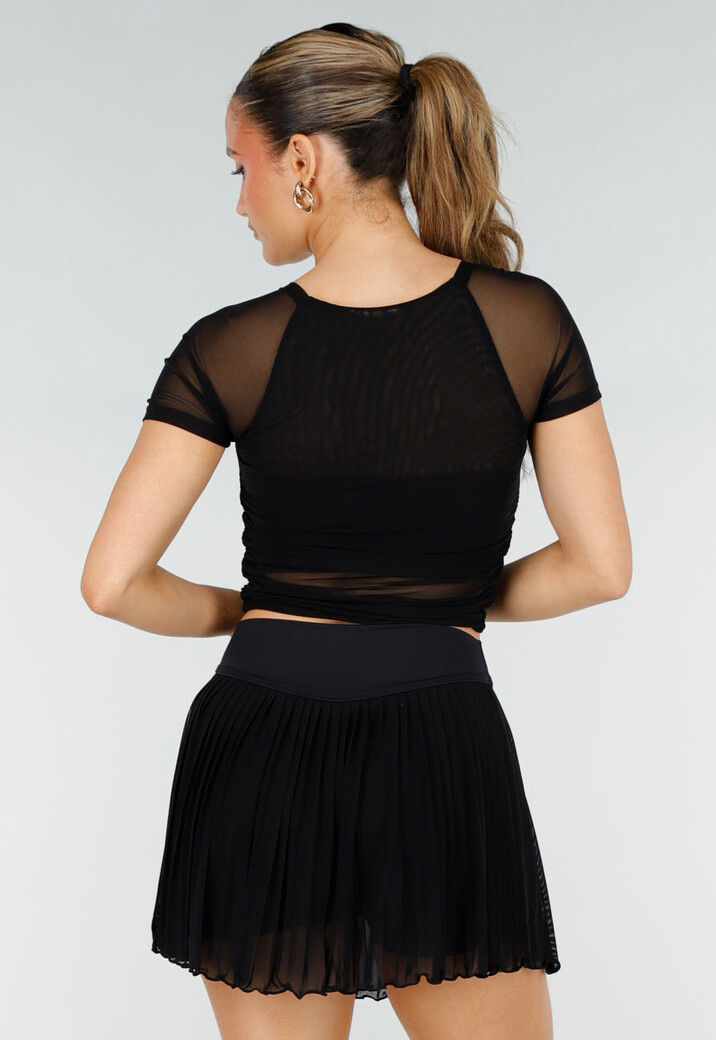 Zwarte Mesh Crop Top met Korte Mouwen en Pads