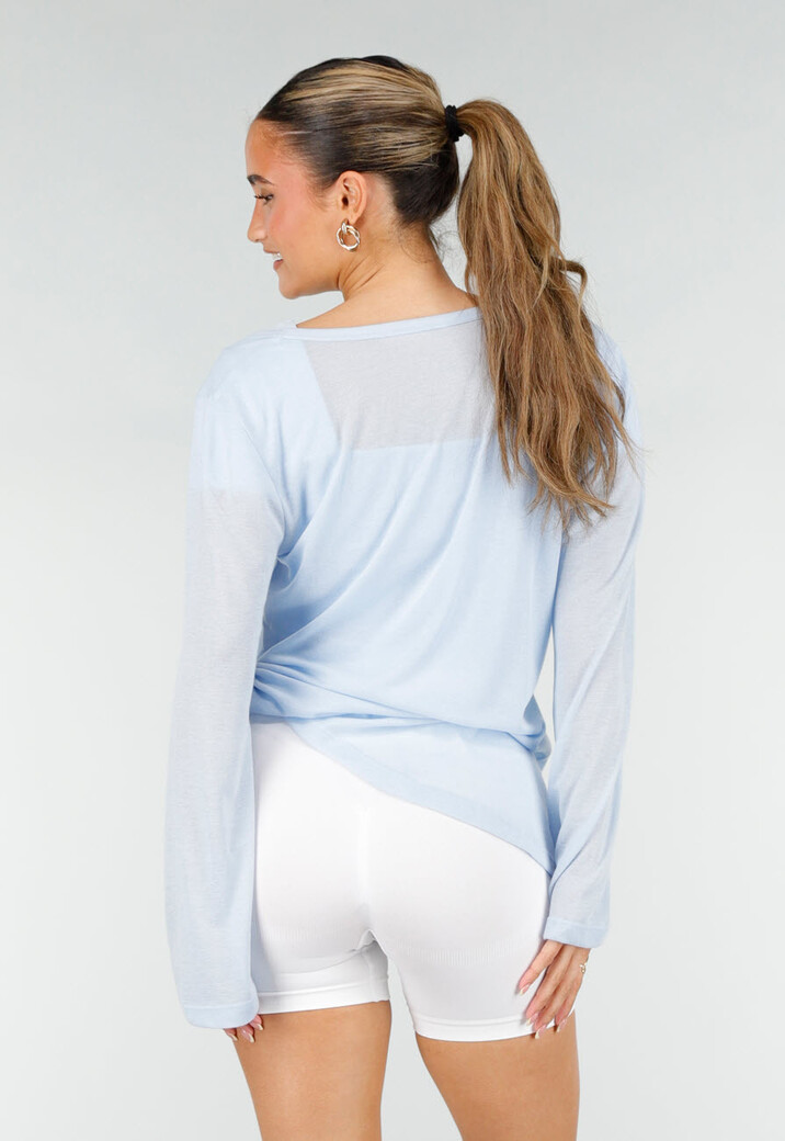 Lichtblauwe Zachte Longsleeve Top met Trekkoord en Wijde Mouwen